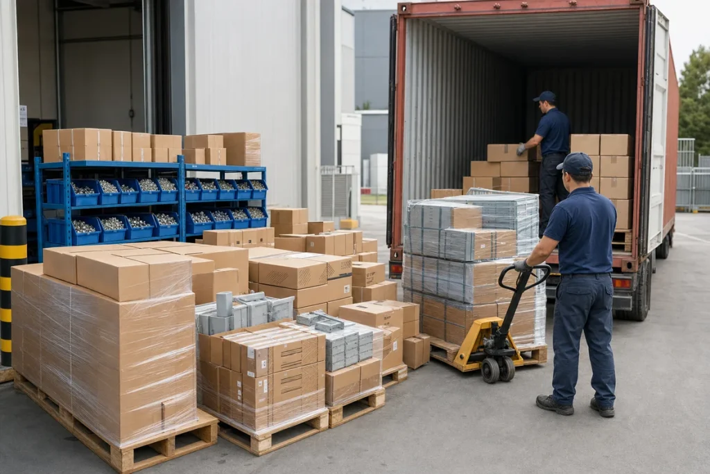 Consolidated mixed hardware cargo being loaded into a shipping container
