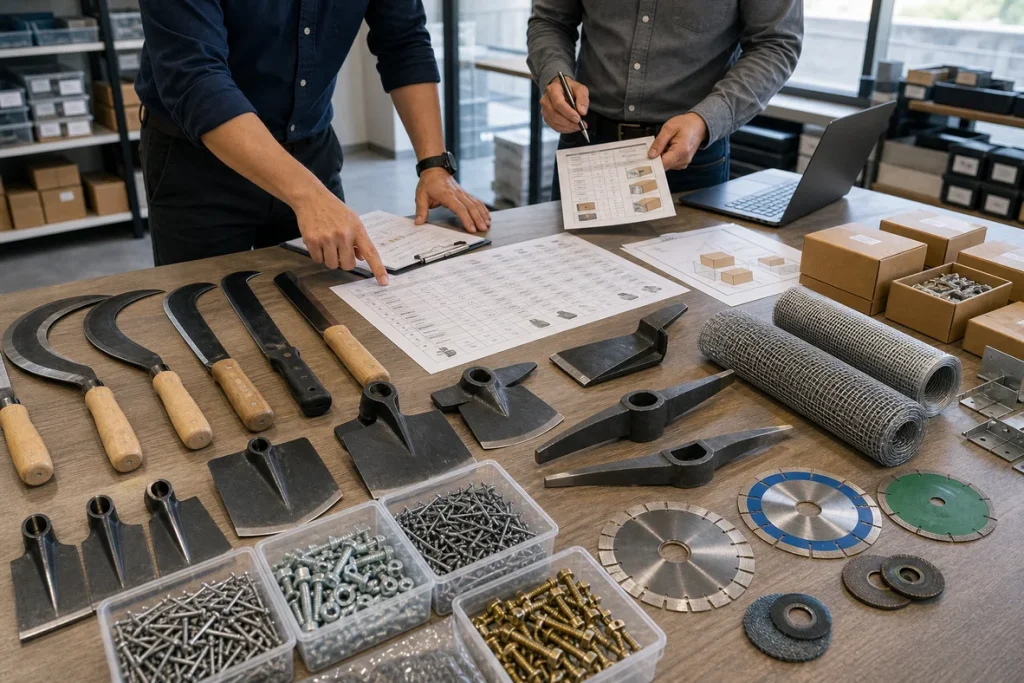 Hardware sourcing table with samples of sickles, hoes, pickaxe heads, wire mesh, nails, and diamond blades