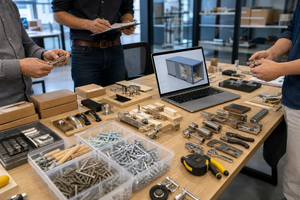 Hardware sourcing team reviewing samples and a mixed container loading plan