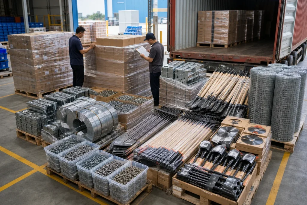 Hardware warehouse loading a balanced mix of heavy cartons and bulky products into a shipping container