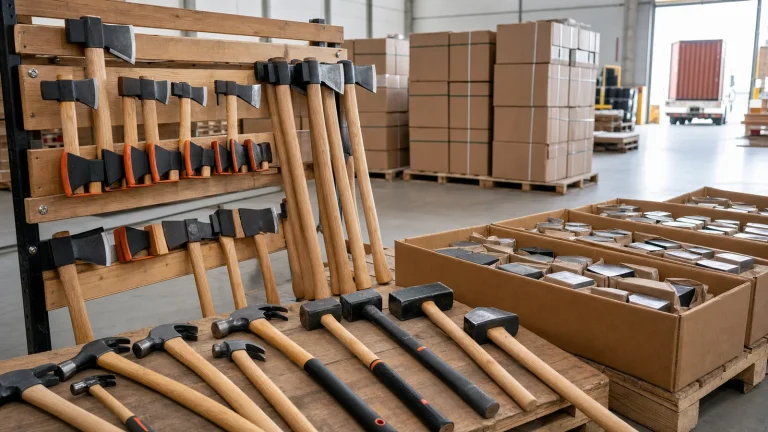 Axes and hammers with wood and fiberglass handles prepared in a hardware export warehouse