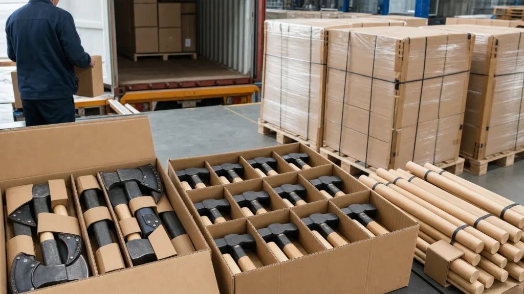 Axes with protective blade guards and hammers in corrugated dividers beside bundled handles and export pallets at a container loading area