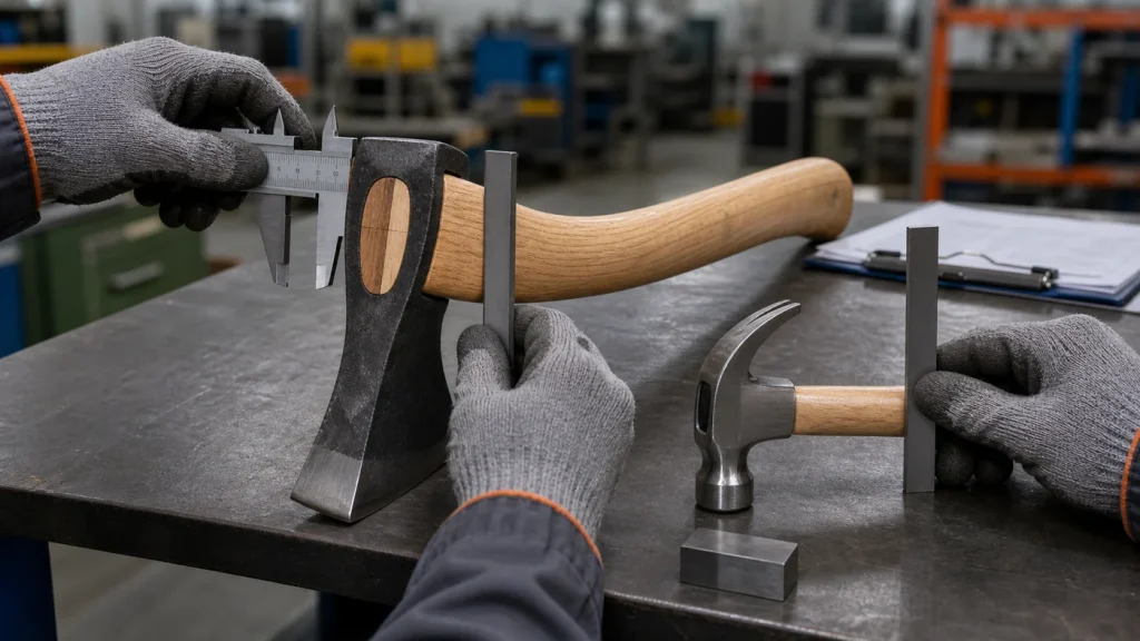 Gloved inspector measuring an axe eye and checking a claw hammer head and handle joint at a hardware factory quality-control bench