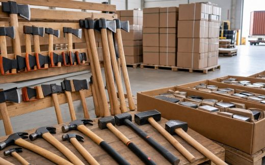 Axes and hammers prepared in a bright hardware export warehouse