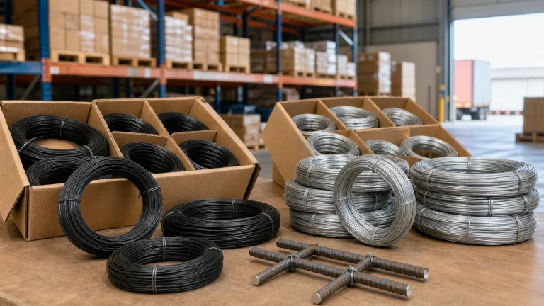 Black annealed and galvanized binding wire coils prepared in cartons at a construction hardware export warehouse
