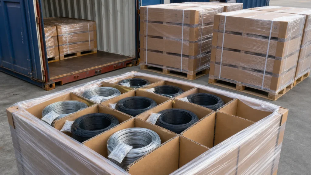 Black annealed and galvanized binding wire coils packed with cardboard dividers and moisture protection on export pallets beside a shipping container