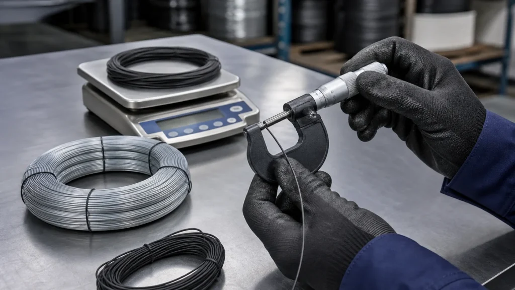 Gloved inspector measuring binding wire diameter with a micrometer beside black annealed and galvanized coils on a quality-control bench