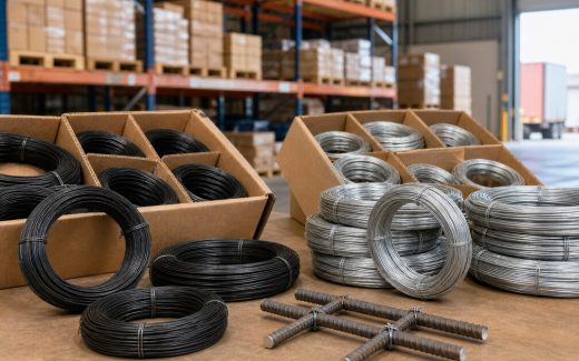 Black annealed and galvanized binding wire coils in a bright construction hardware export warehouse