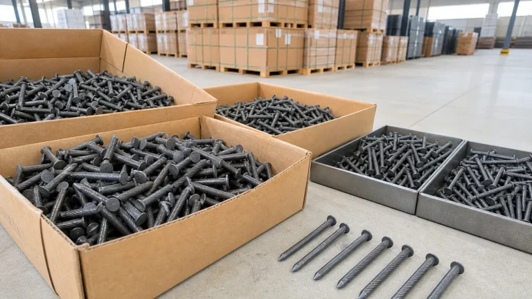 Hardened flat-head concrete nails with smooth and fluted shanks in bulk cartons and metal trays at a fastener warehouse