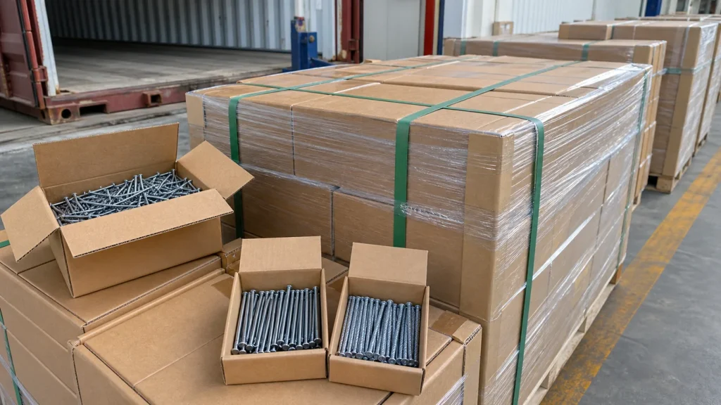 Concrete nails in plain inner boxes and reinforced export cartons secured on protected pallets beside a shipping container