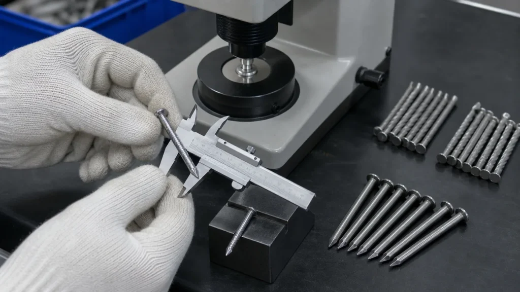 Gloved inspector measuring the shank of a hardened concrete nail beside a bench hardness tester and grouped smooth and fluted nail samples