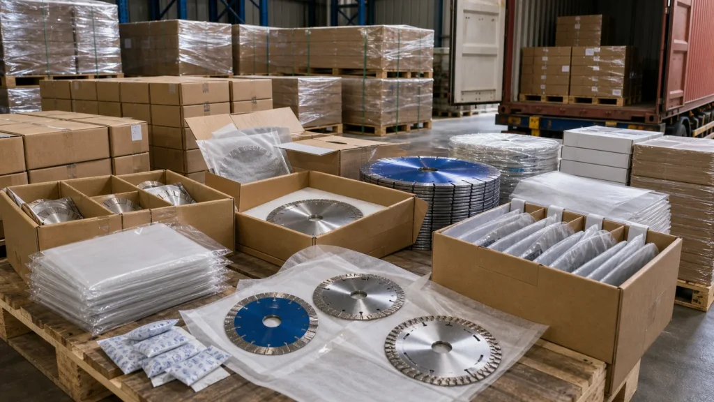 Diamond cutting blades packed in sleeves and cartons for export shipment