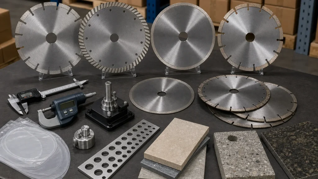 Diamond cutting blades and measuring tools on a quality control table