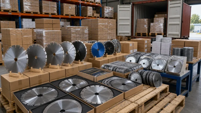 Diamond cutting blades arranged in an export warehouse with cartons and pallets