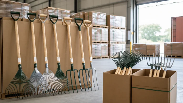 Garden rakes and digging forks arranged in an export warehouse with cartons and pallets