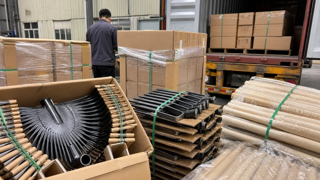 Garden rake heads and fork heads protected with cardboard separators beside bundled handles and export cartons at a container loading area