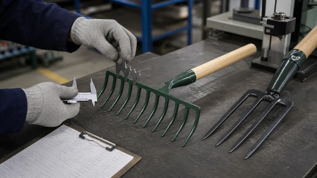 Gloved inspector measuring garden rake tines and checking a digging fork at a hardware factory quality-control bench
