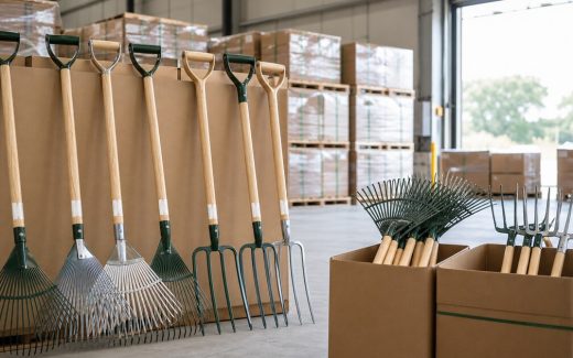 Garden rakes and digging forks in a bright hardware export warehouse