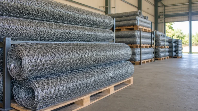 Galvanized hexagonal wire netting rolls stacked in warehouse racks and on pallets for wholesale export