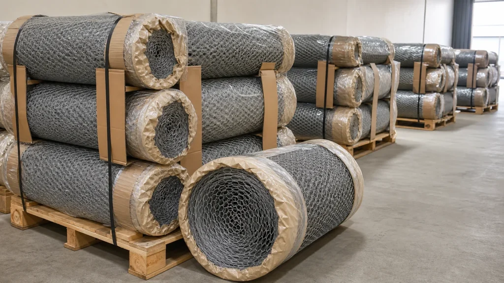 Galvanized hexagonal wire netting rolls protected with paper end sleeves and wrapping on stable export pallets in a warehouse