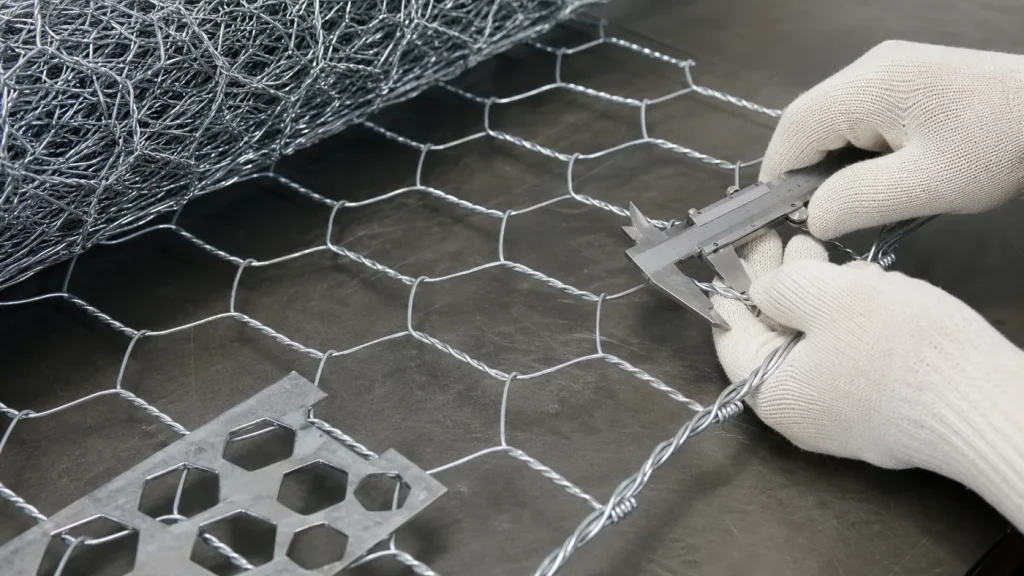 Gloved inspector measuring galvanized hexagonal wire netting beside a mesh-opening gauge and sample roll