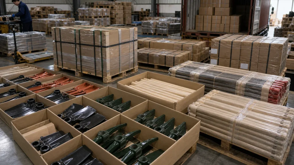 Hoe heads pickaxe heads handles cartons and pallets prepared for mixed container loading