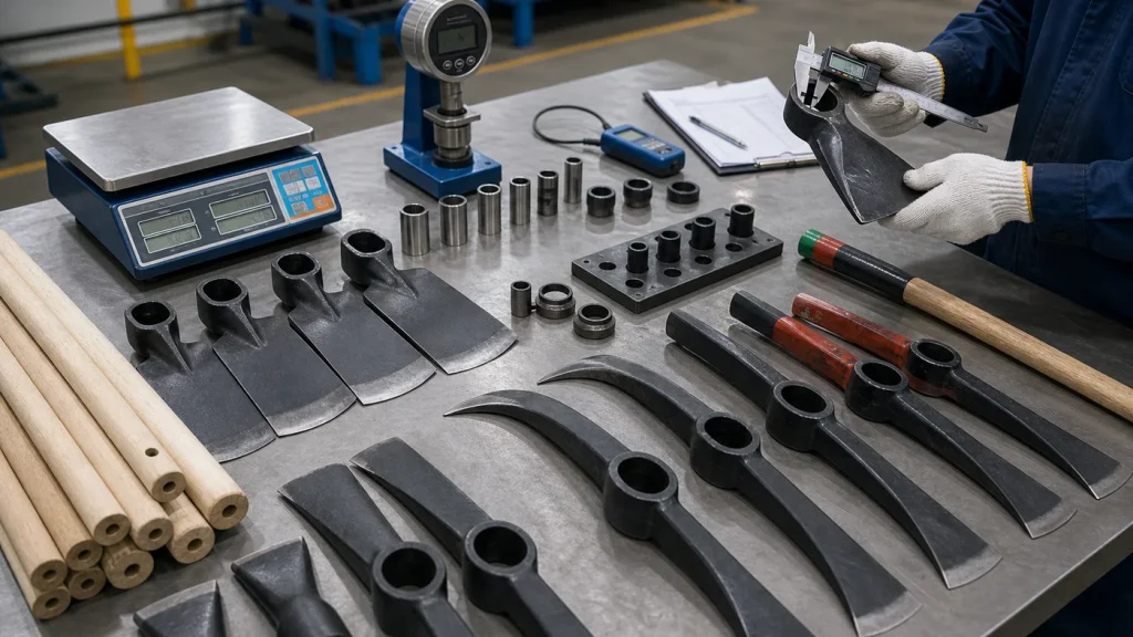Hoe heads pickaxe heads handles and measuring tools on a quality control bench