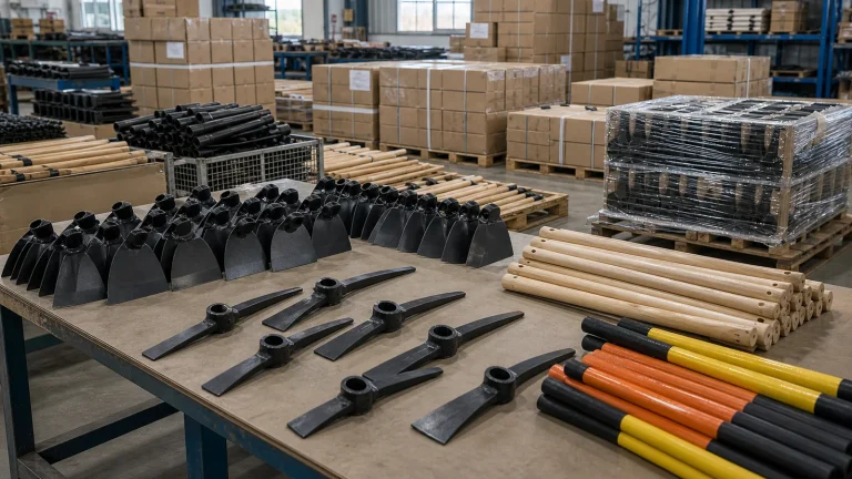 Hoe heads pickaxe heads handles cartons and pallets prepared in a hardware export warehouse