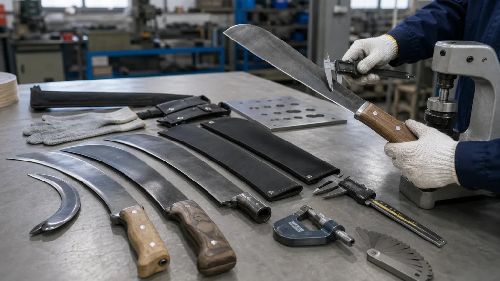 Machetes and sickles inspected with measuring tools on a quality control bench