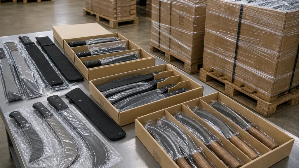 Machetes and sickles packed with protective sleeves and cartons for export