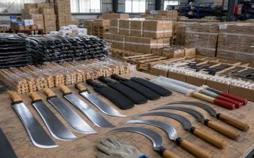 Machetes and sickles arranged for agricultural tool sourcing and export packing