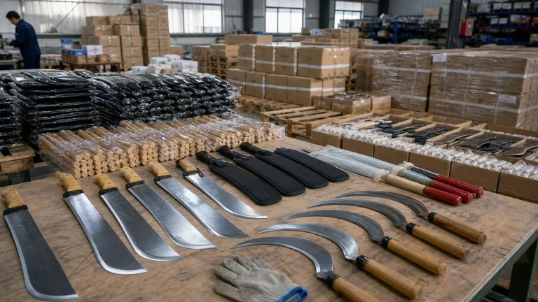 Machetes and sickles arranged with cartons in a hardware export warehouse