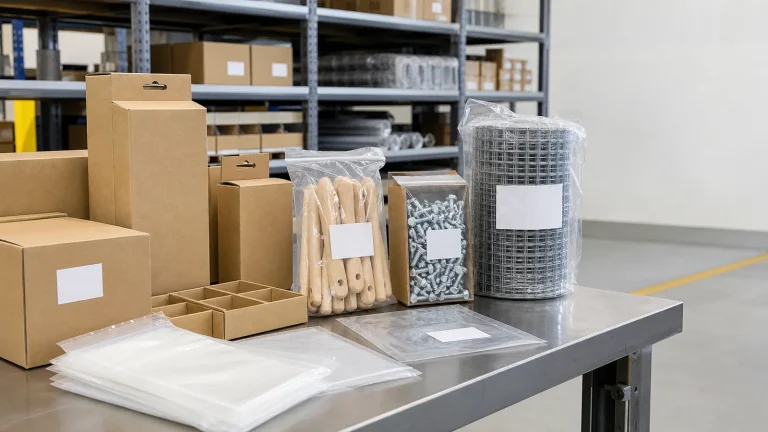 Unbranded hardware boxes, polybags, dividers, protected wire roll, fastener pack, and wooden handle sample at a packaging approval station