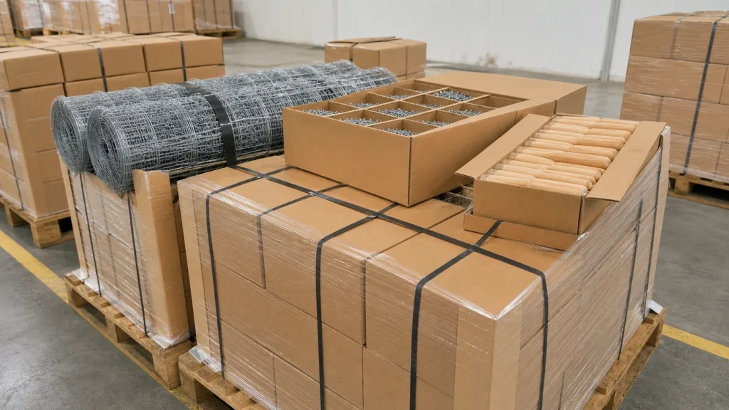 Mixed unbranded hardware cartons with fastener dividers, protected wire rolls, and wooden handle bundles grouped on stable export pallets