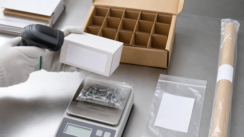 Gloved inspector scanning an unbranded hardware box beside carton dividers, sealed fastener pack, protected wooden handle, and digital scale