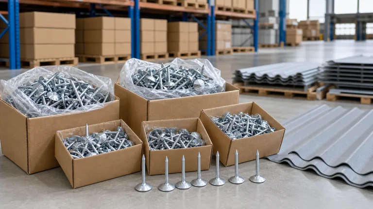 Galvanized umbrella-head roofing nails in inner bags and cartons beside corrugated roofing sheets at a roof-material warehouse