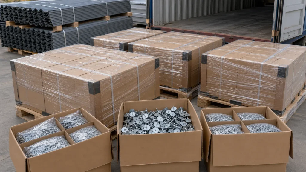Galvanized umbrella-head roofing nails in sealed inner bags and reinforced cartons on export pallets beside corrugated roofing-sheet bundles and a shipping container