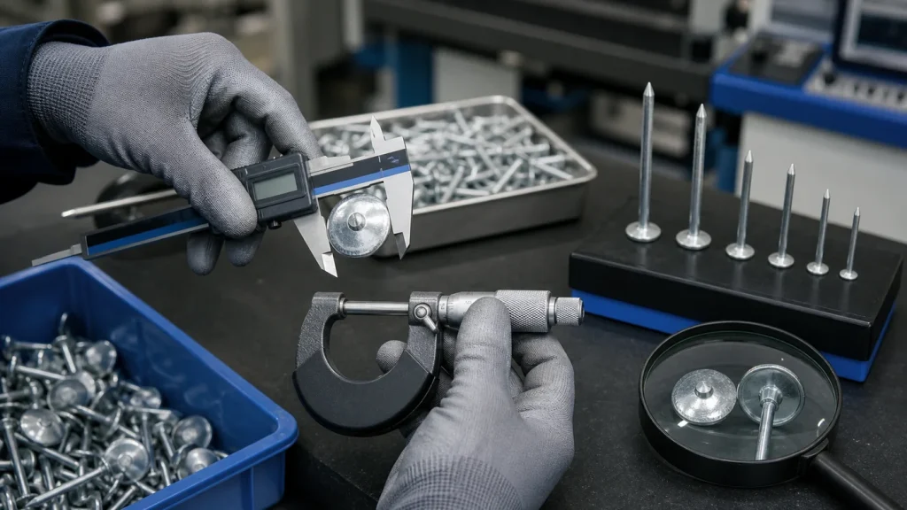 Gloved inspector measuring the head and shank of galvanized umbrella-head roofing nails at a fastener quality-control bench