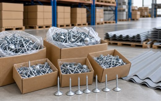 Galvanized umbrella-head roofing nails in a roof material export warehouse