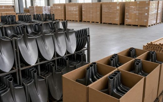 Bare shovel blades and separate wooden handles prepared for export and local assembly