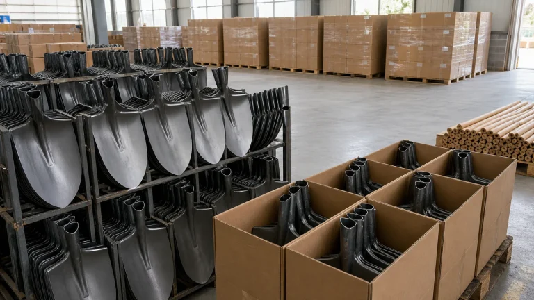 Bare steel shovel blades with formed sockets and separately packed wooden handles prepared for export and local assembly in a warehouse