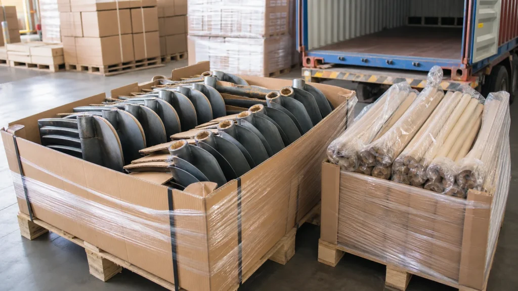 Nested bare shovel blades in protected export cartons beside separately wrapped wooden handles on pallets near a shipping container