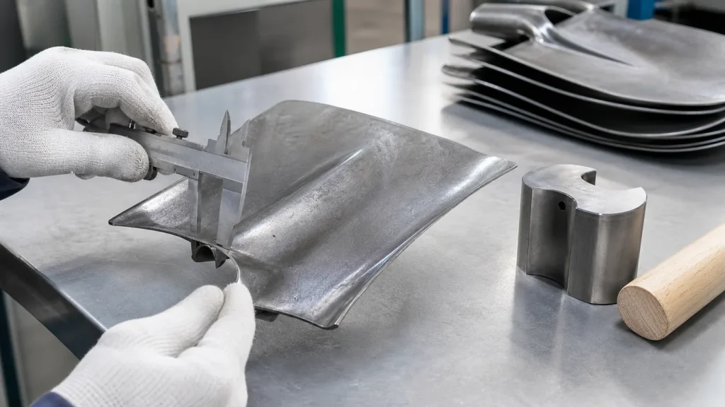 Gloved inspector measuring a bare shovel blade with a vernier caliper beside a socket gauge and separate wooden handle sample at a quality-control bench