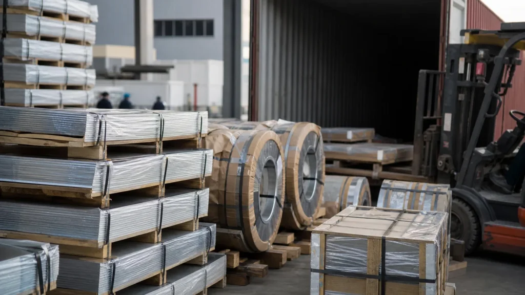 Wrapped steel coils and galvanized sheet stacks prepared for container loading