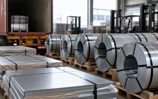 Steel strip coils and galvanized sheet stacks arranged for hardware importer sourcing planning