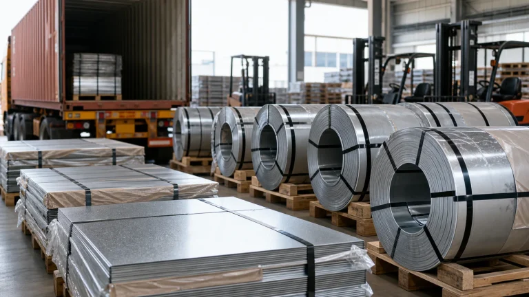 Steel strip coils and galvanized sheet stacks prepared in an export warehouse