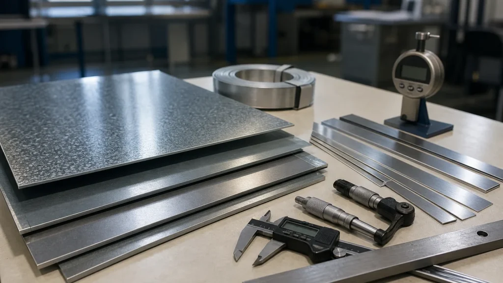 Steel strip and galvanized sheet samples inspected with measuring tools