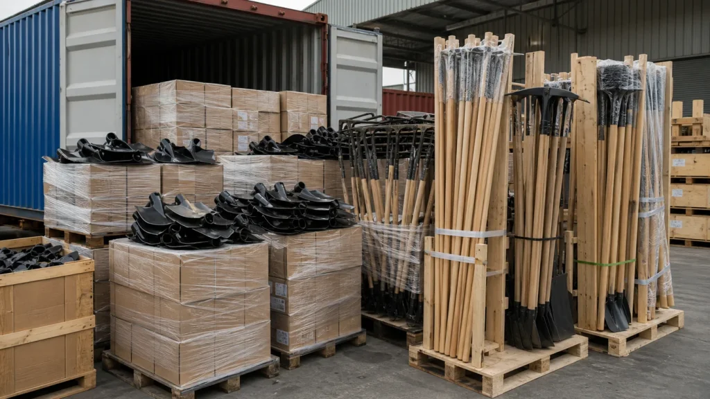 Export loading bay with compact tool heads and bulky complete long-handle tools