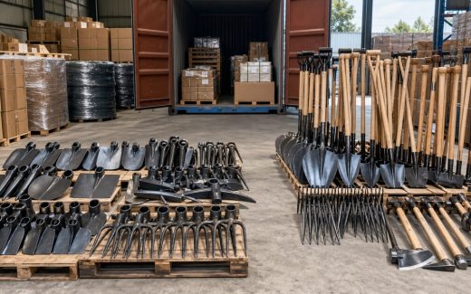Tool heads and complete long-handle tools arranged for hardware importer product mix planning