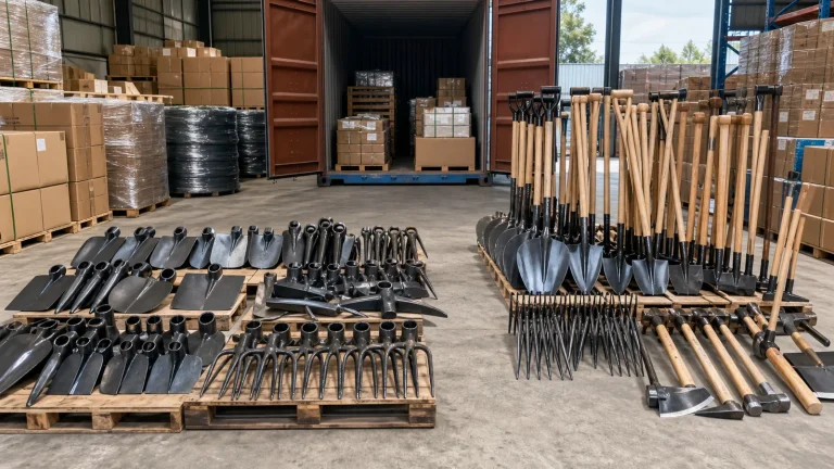 Hardware warehouse comparing tool heads and complete long-handle tools before export
